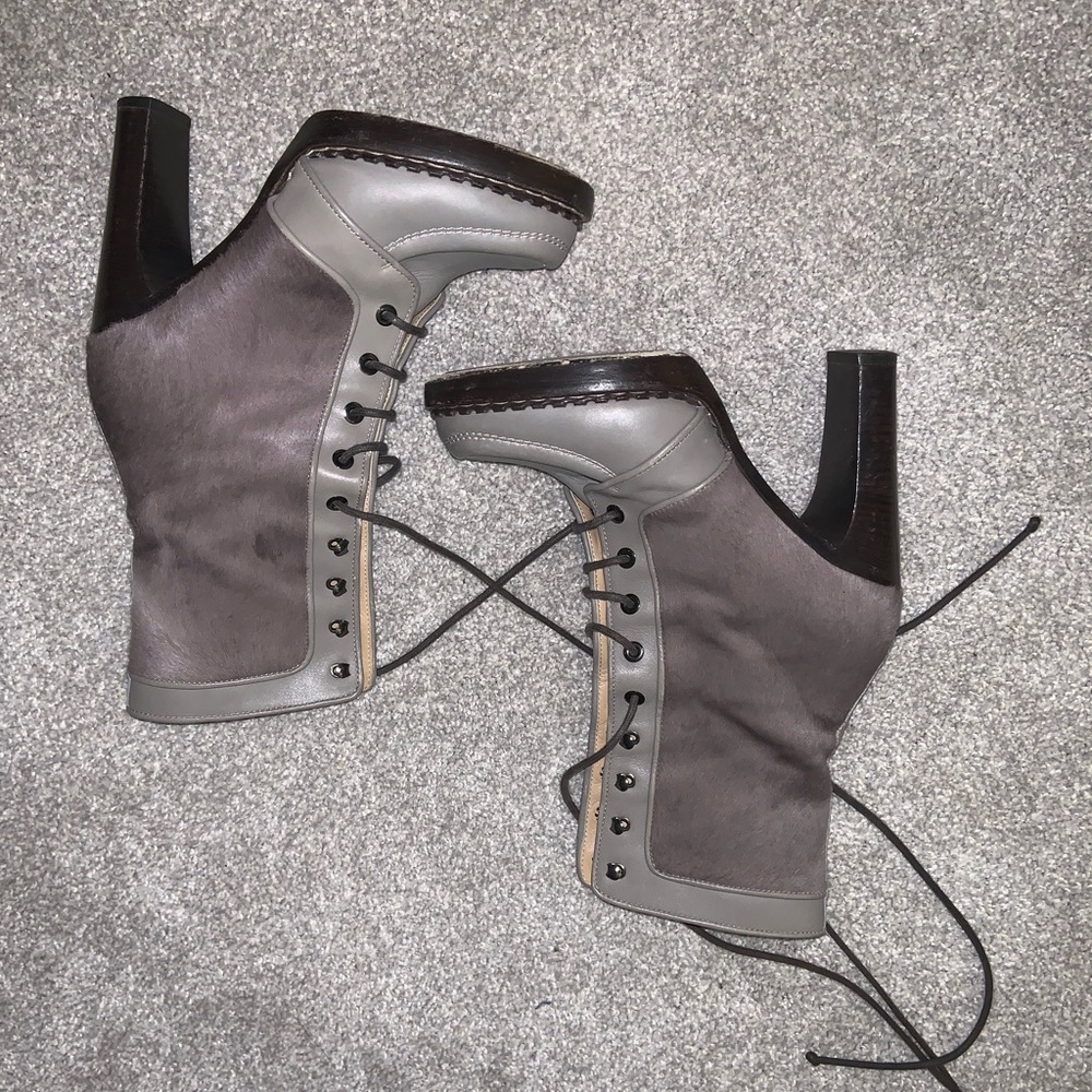 Grey Brown Khaki pony hair leather lace up boot